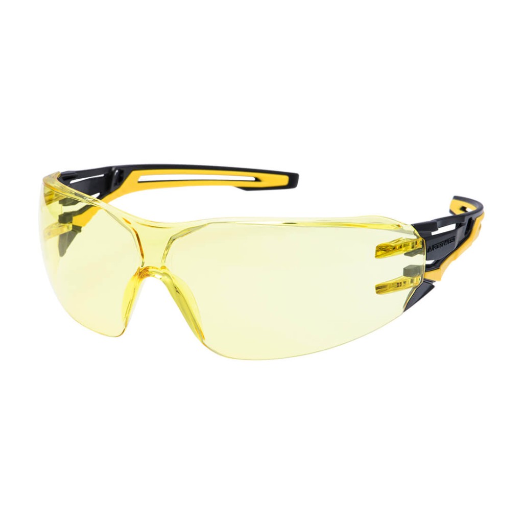 A pair of safety spectacles with clear impact-resistant lenses and adjustable side arms, for eye protection during site work.