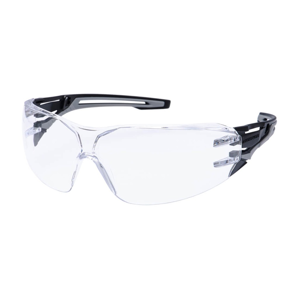 A pair of safety spectacles with clear impact-resistant lenses and adjustable side arms, for eye protection during site work.