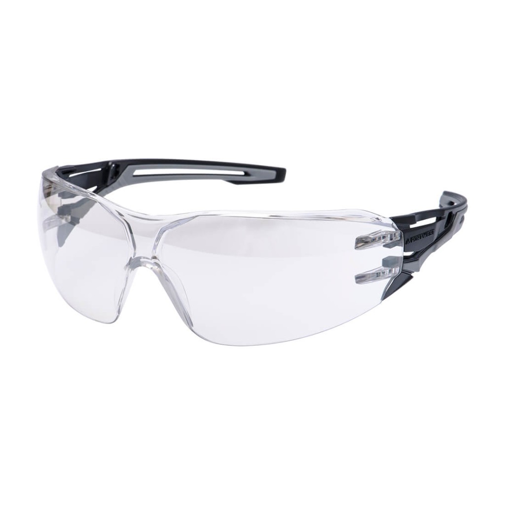A pair of safety spectacles with clear impact-resistant lenses and adjustable side arms, for eye protection during site work.