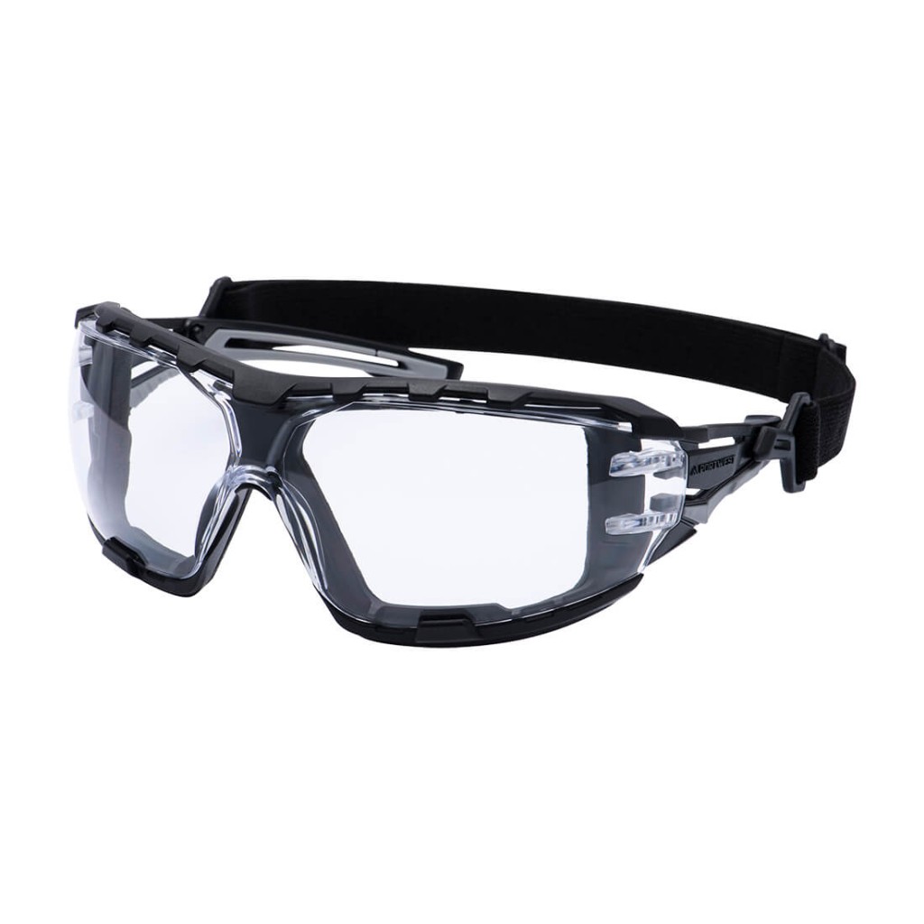 A pair of safety spectacles with clear impact-resistant lenses and adjustable side arms, for eye protection during site work.