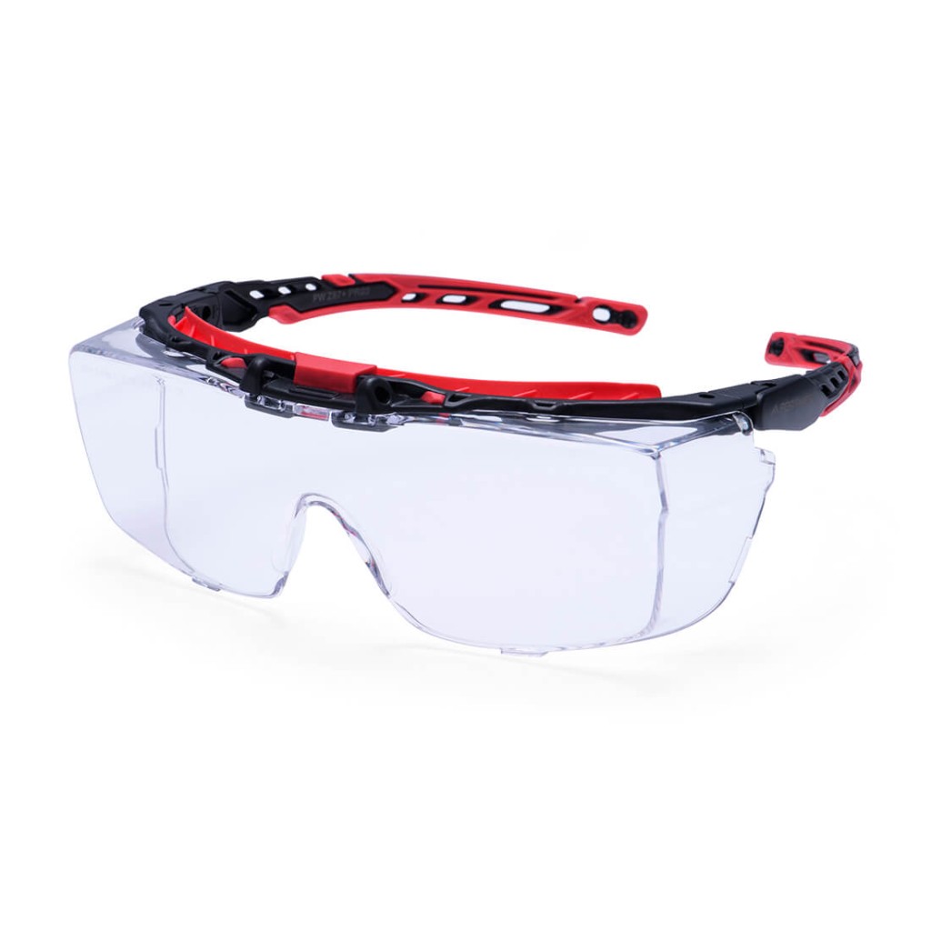 A pair of safety spectacles with clear impact-resistant lenses and adjustable side arms, for eye protection during site work.