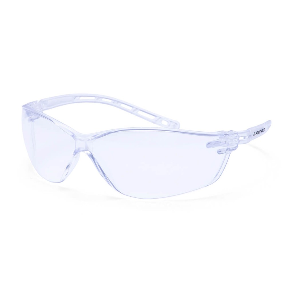 A pair of safety spectacles with clear impact-resistant lenses and adjustable side arms, for eye protection during site work.