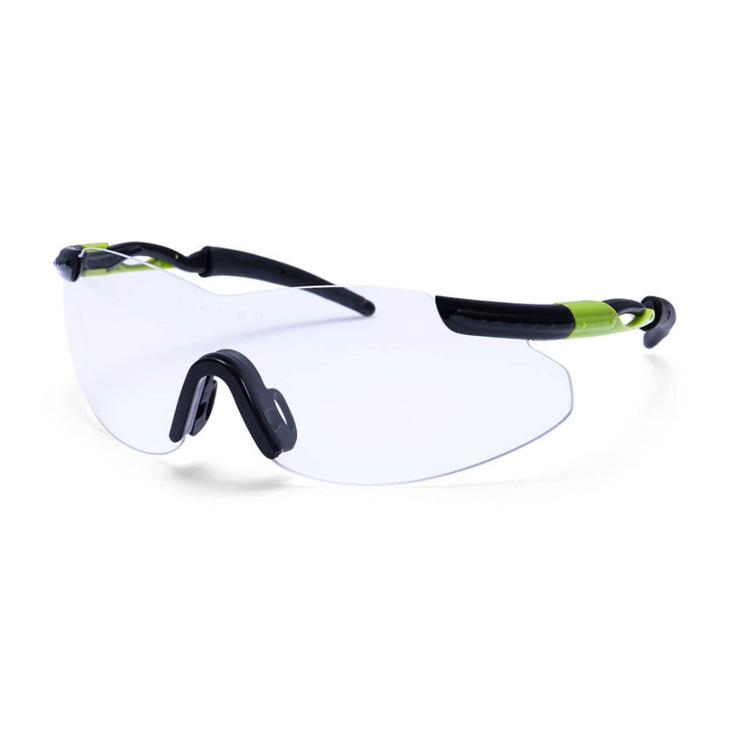 A pair of safety spectacles with clear impact-resistant lenses and adjustable side arms, for eye protection during site work.