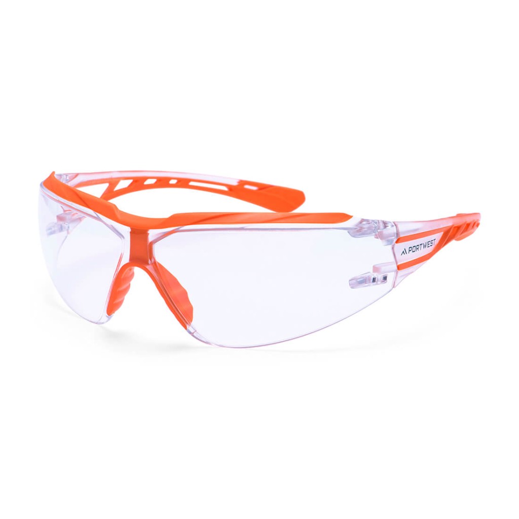 A pair of safety spectacles with clear impact-resistant lenses and adjustable side arms, for eye protection during site work.