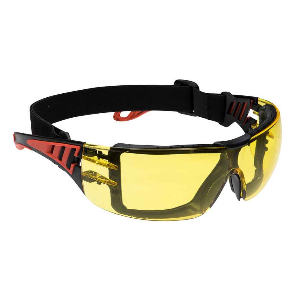 A pair of safety spectacles with clear impact-resistant lenses and adjustable side arms, for eye protection during site work.