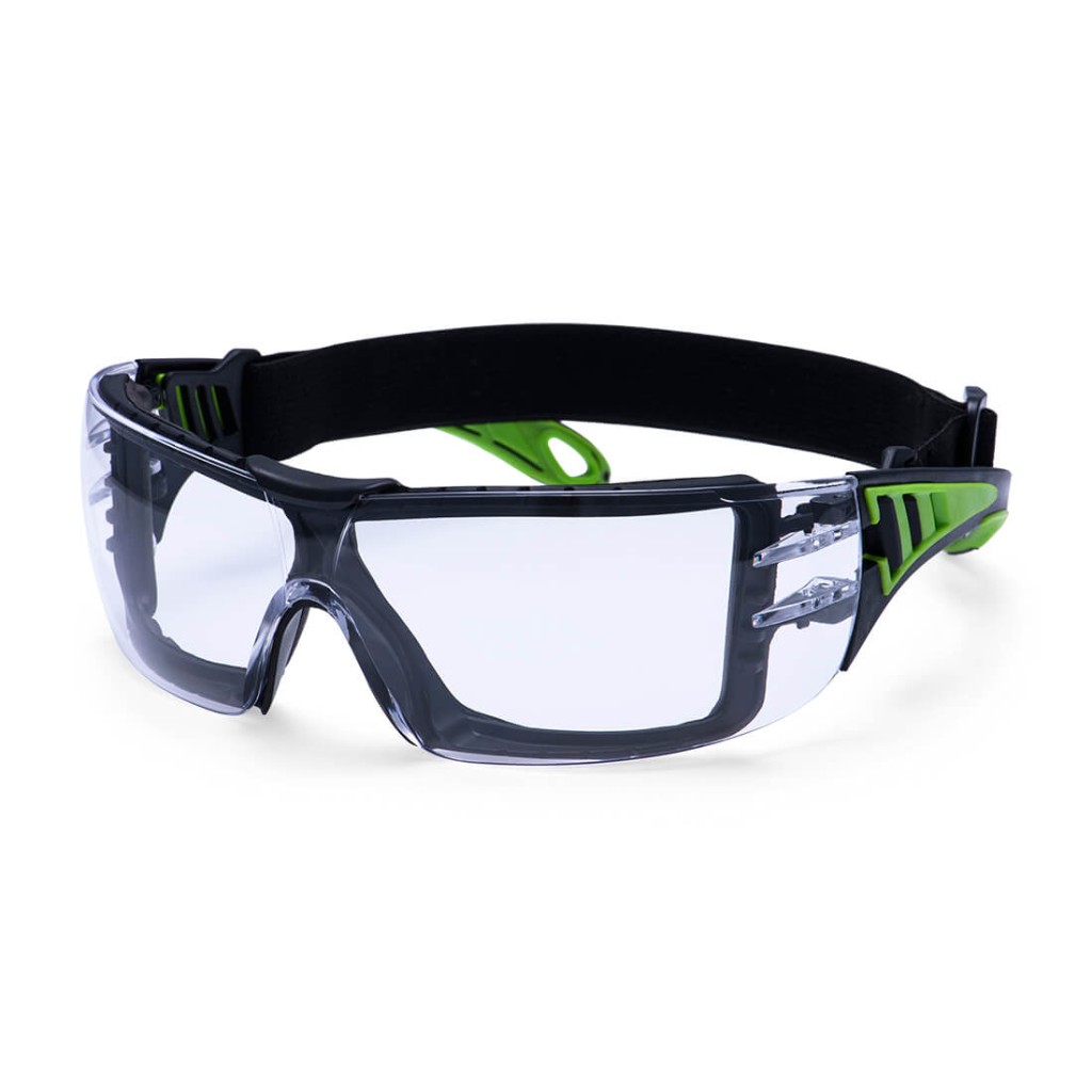 A pair of safety spectacles with clear impact-resistant lenses and adjustable side arms, for eye protection during site work.