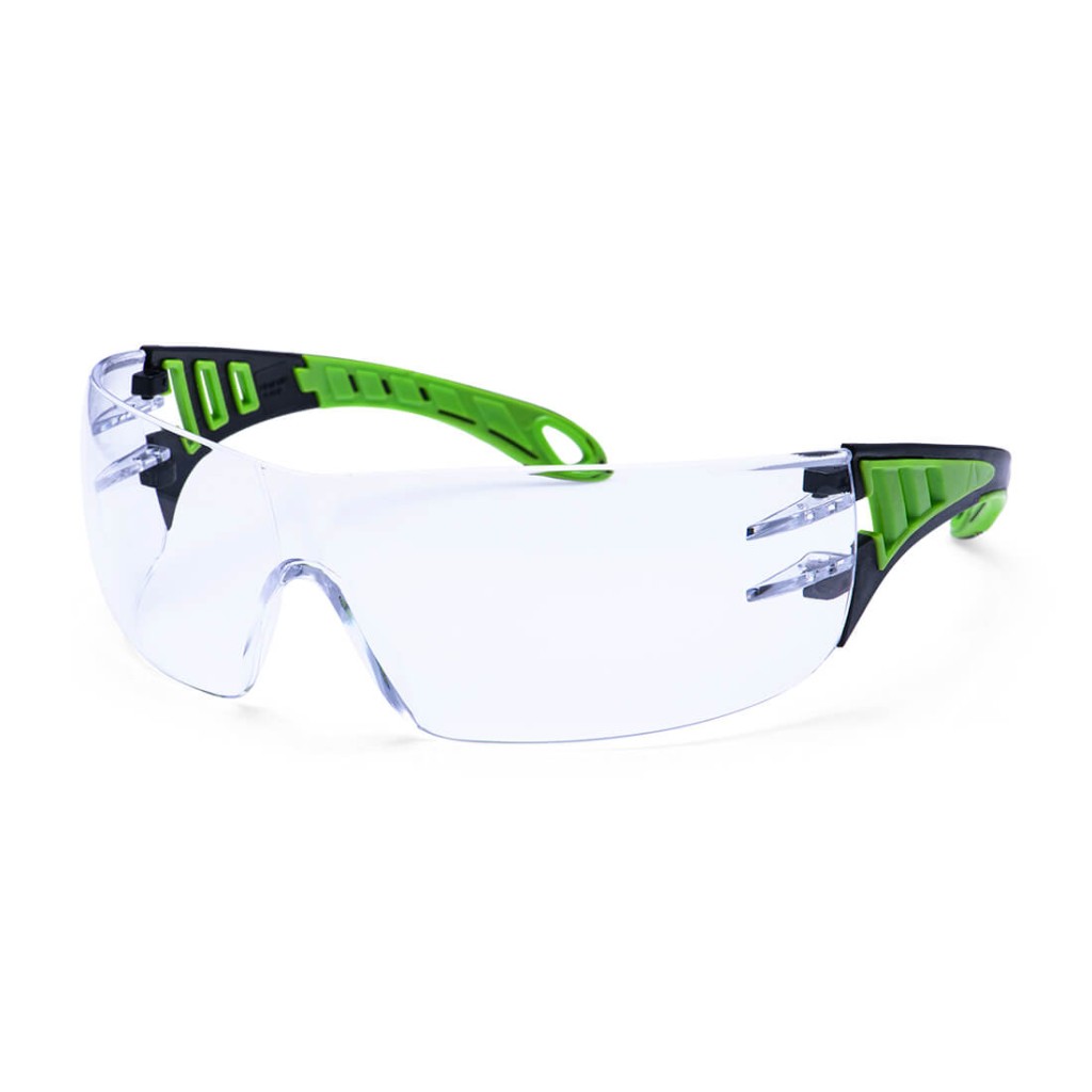 A pair of safety spectacles with clear impact-resistant lenses and adjustable side arms, for eye protection during site work.