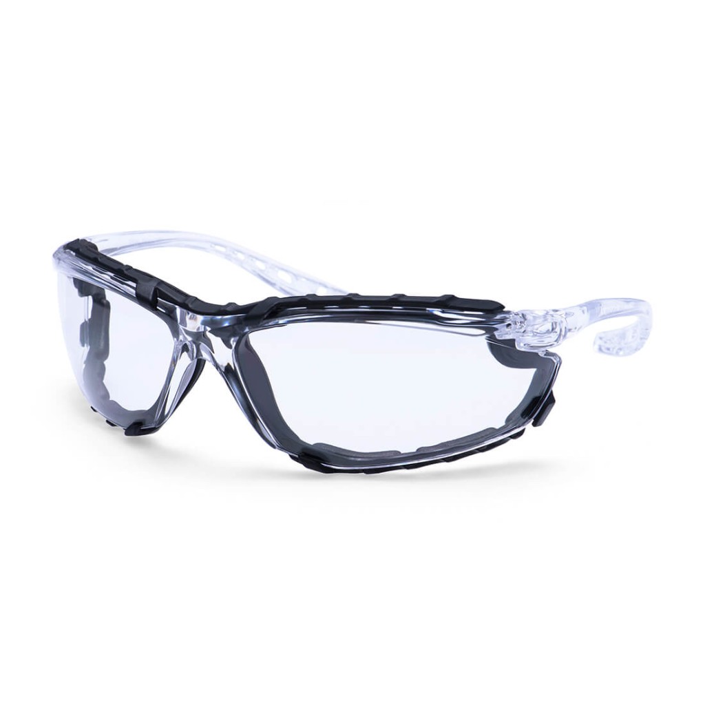 A pair of safety spectacles with clear impact-resistant lenses and adjustable side arms, for eye protection during site work.