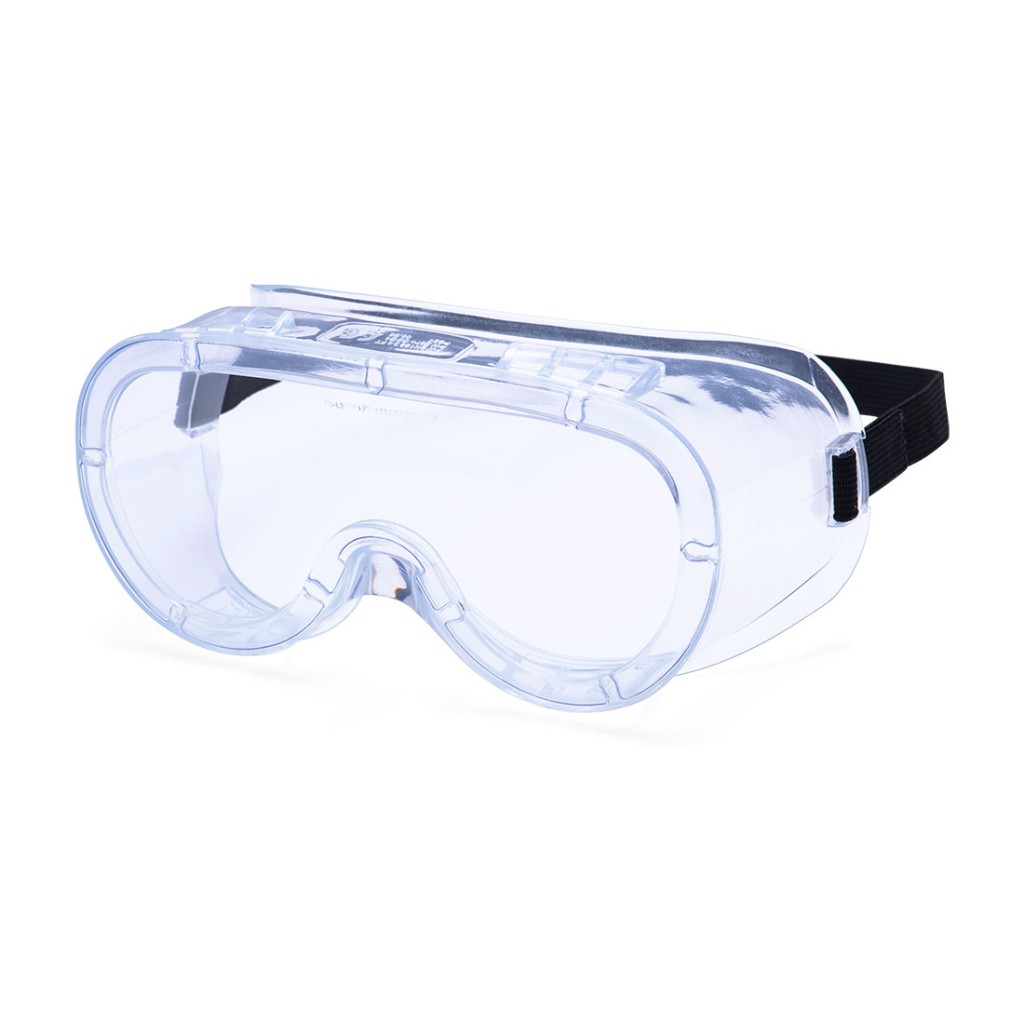 A pair of safety goggles with clear anti-fog lenses and a ventilated PVC frame, offering eye protection against dust and splashes.