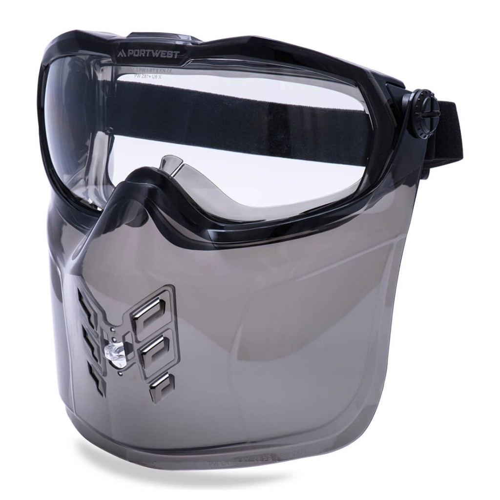 A pair of safety goggles with clear anti-fog lenses and a ventilated PVC frame, offering eye protection against dust and splashes.