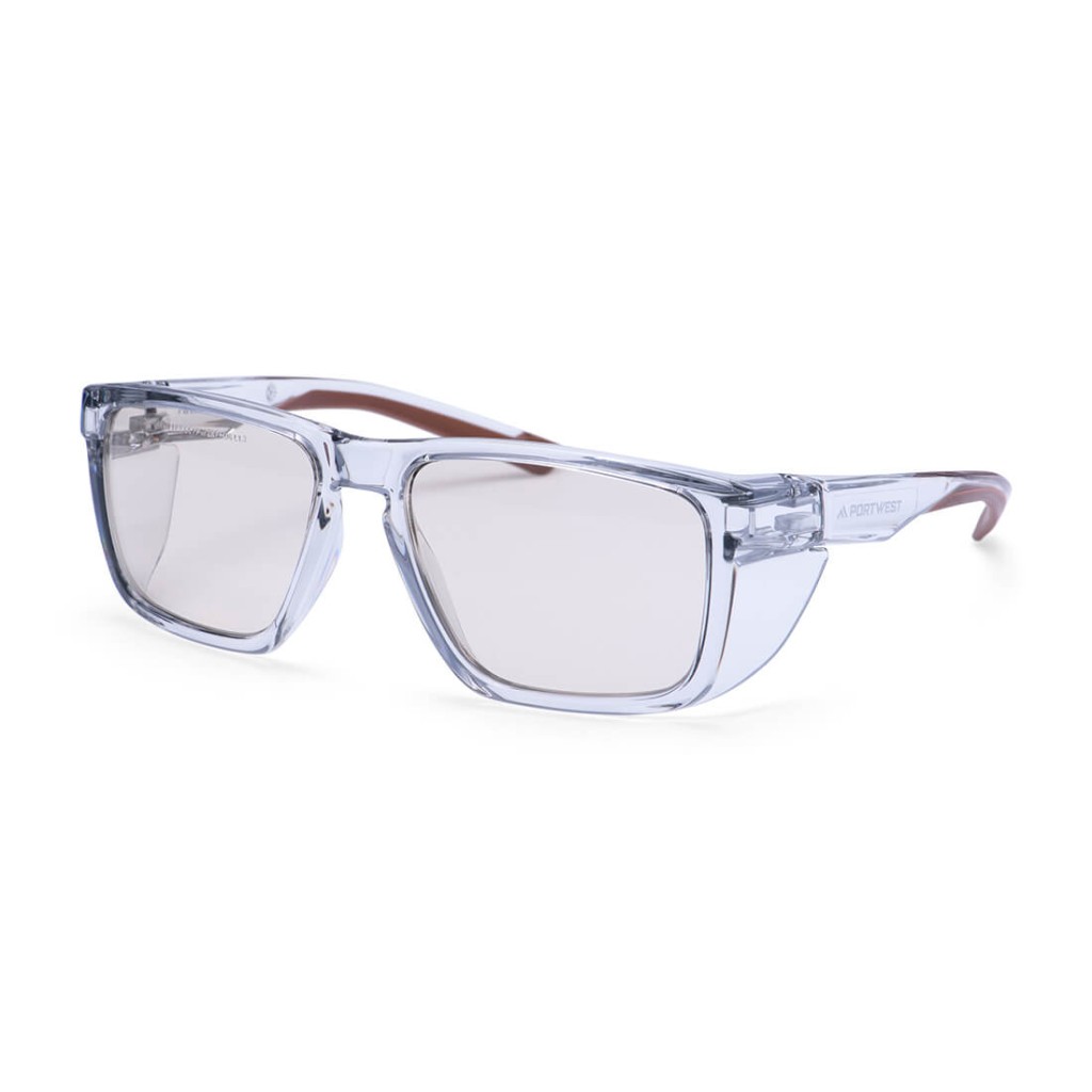 A pair of safety spectacles with brown impact-resistant lenses and adjustable side arms, for eye protection during site work.