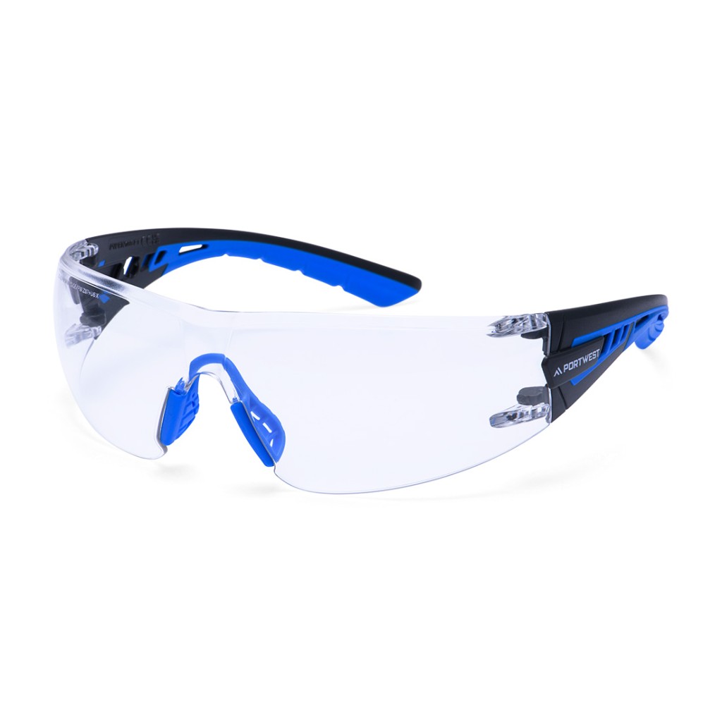 A pair of safety spectacles with clear impact-resistant lenses and adjustable side arms, for eye protection during site work.