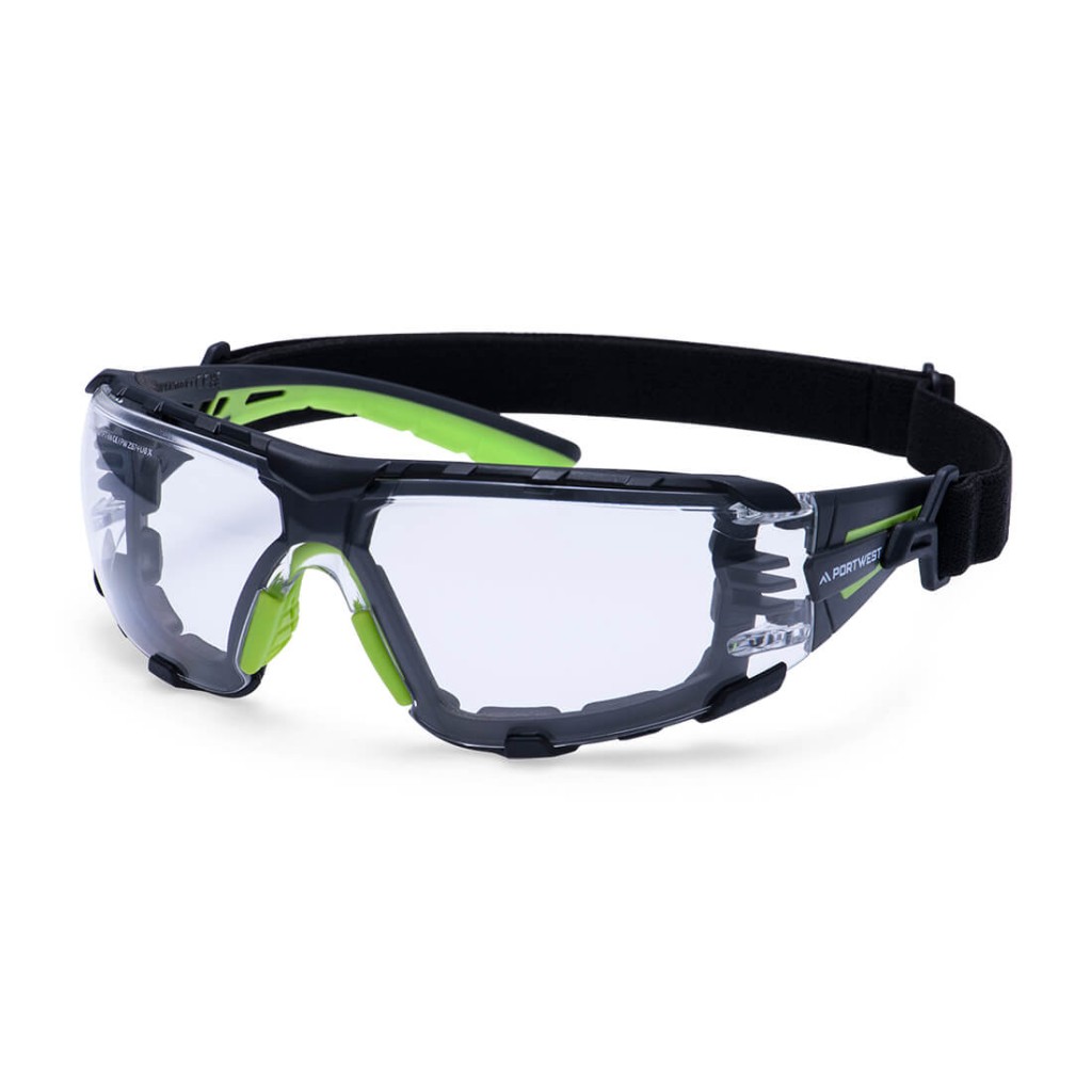 A pair of safety spectacles with clear impact-resistant lenses and adjustable side arms, for eye protection during site work.