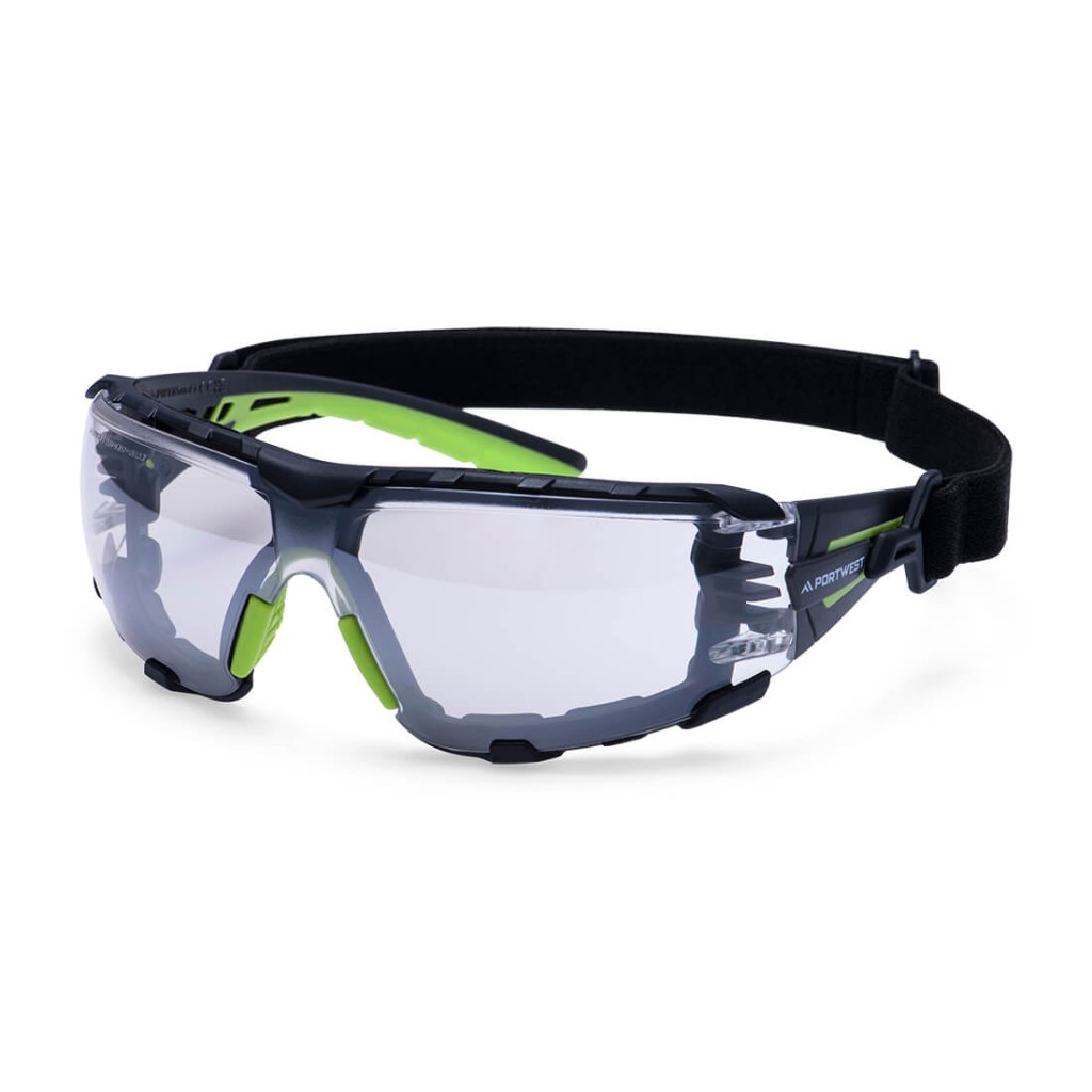 A pair of safety spectacles with clear impact-resistant lenses and adjustable side arms, for eye protection during site work.