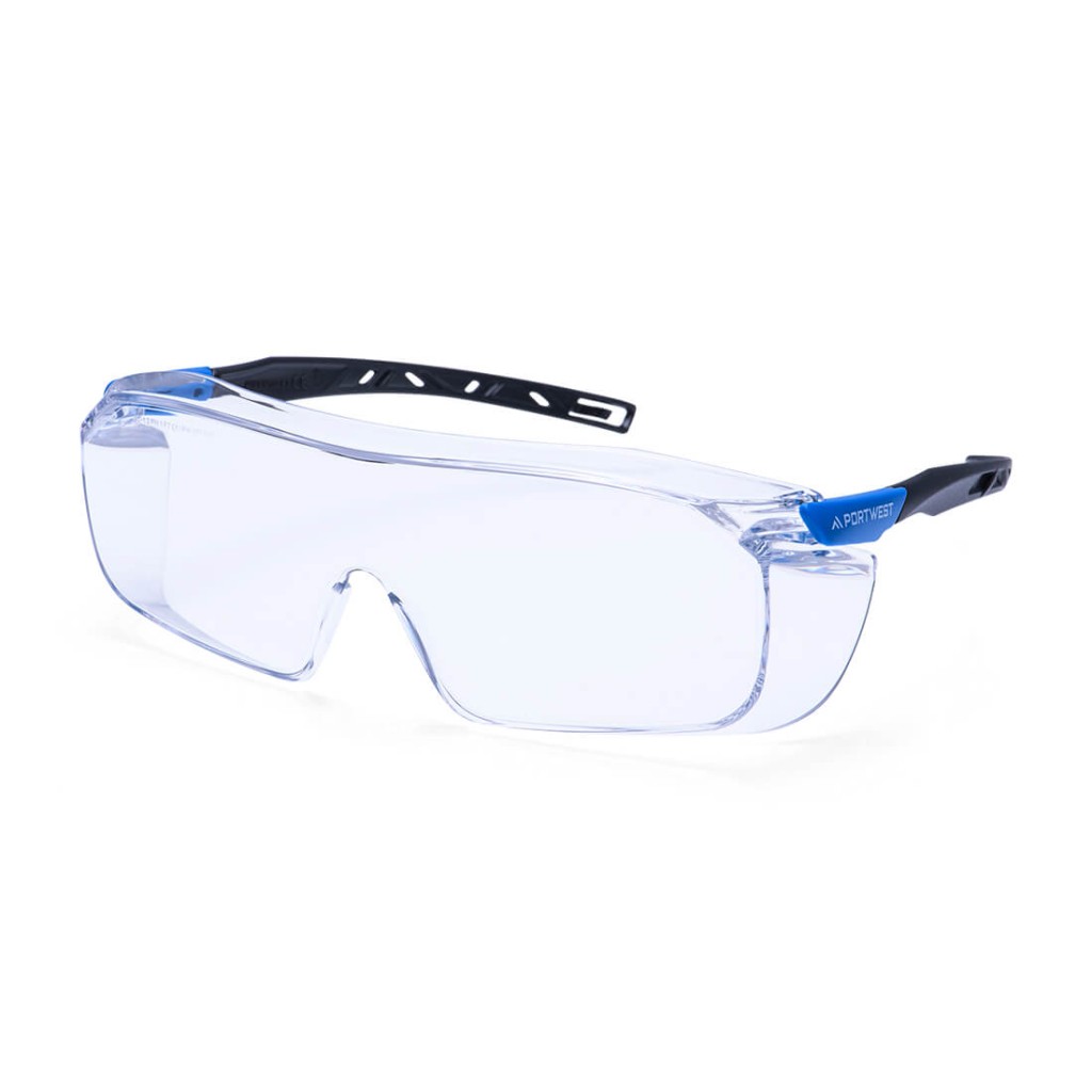 A pair of safety spectacles with clear impact-resistant lenses and adjustable side arms, for eye protection during site work.