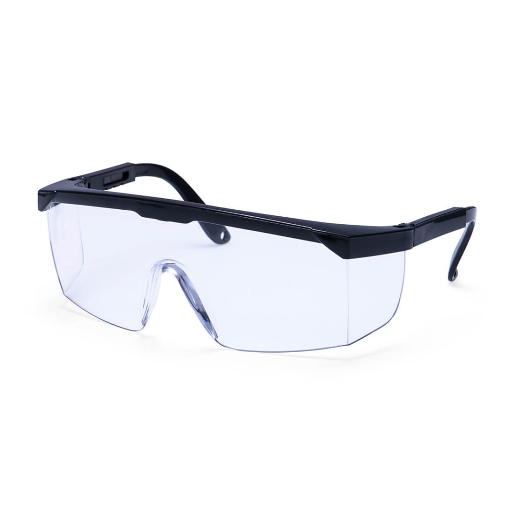 A pair of safety spectacles with clear impact-resistant lenses and adjustable side arms, for eye protection during site work.
