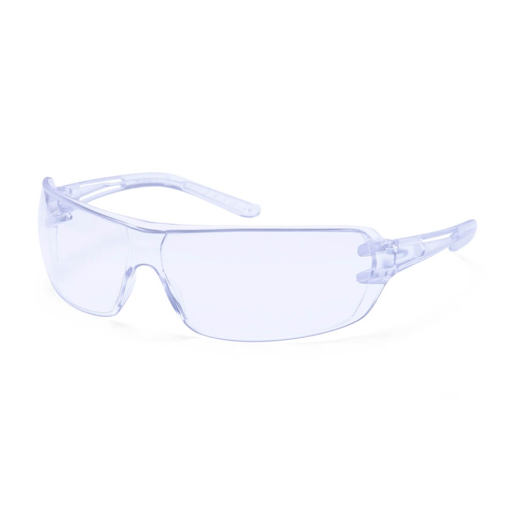 A pair of safety spectacles with clear impact-resistant lenses and adjustable side arms, for eye protection during site work.