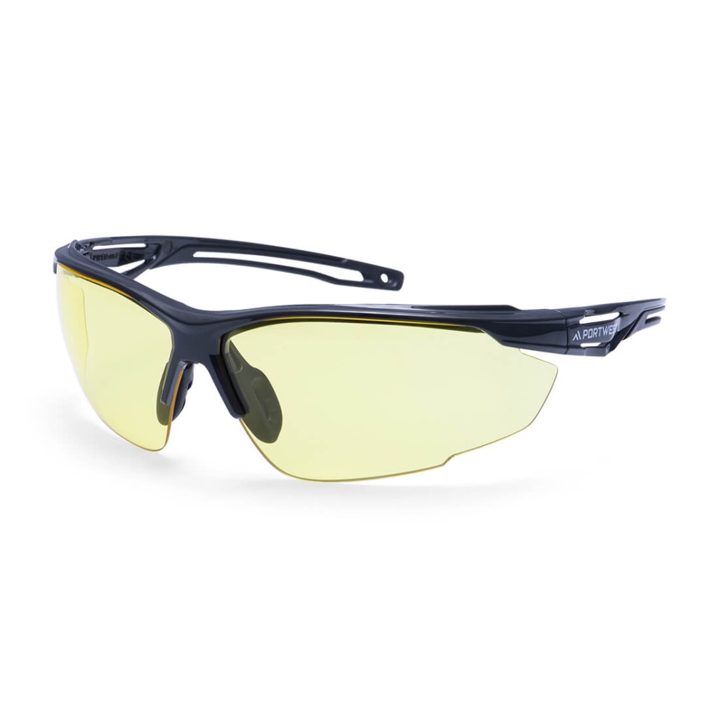 A pair of safety spectacles with clear impact-resistant lenses and adjustable side arms, for eye protection during site work.