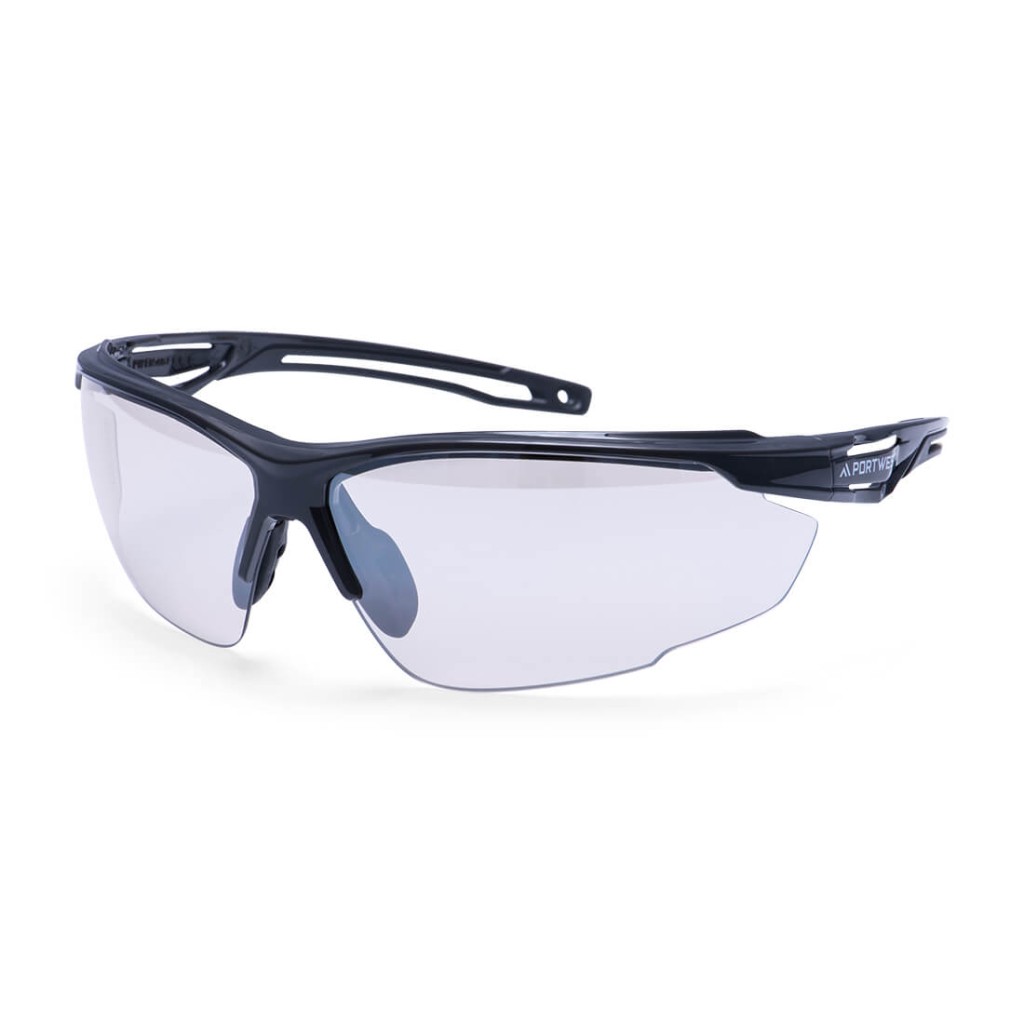 A pair of safety spectacles with clear impact-resistant lenses and adjustable side arms, for eye protection during site work.