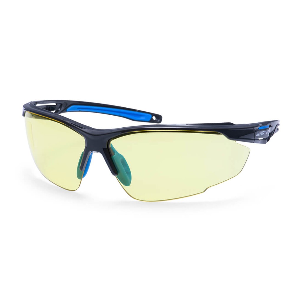 A pair of safety spectacles with clear impact-resistant lenses and adjustable side arms, for eye protection during site work.