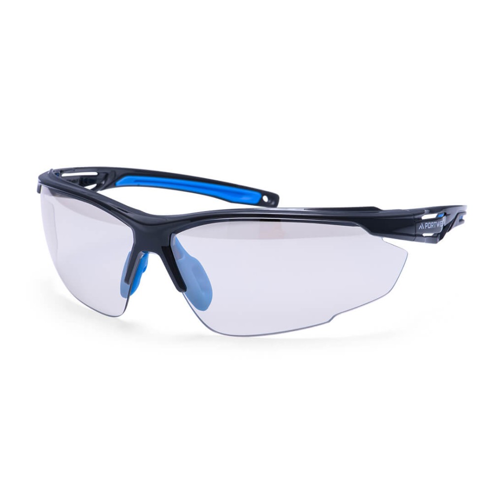 A pair of safety spectacles with clear impact-resistant lenses and adjustable side arms, for eye protection during site work.