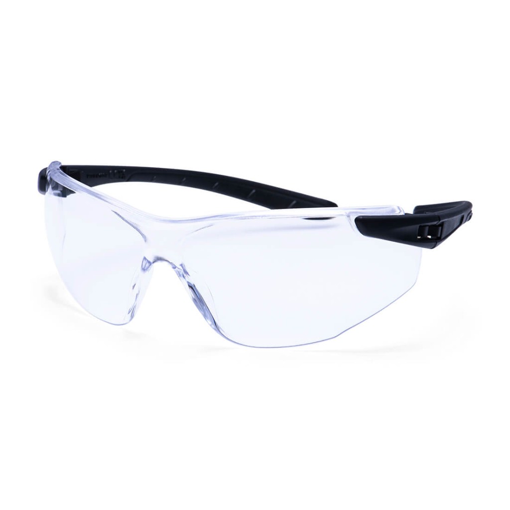 A pair of safety spectacles with clear impact-resistant lenses and adjustable side arms, for eye protection during site work.