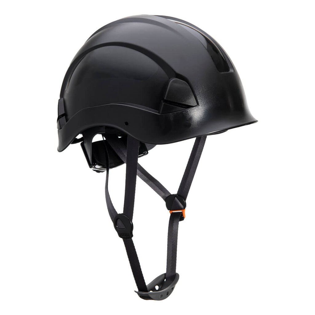 A black safety helmet with an adjustable suspension harness and ventilation slots, providing impact protection on construction sites.
