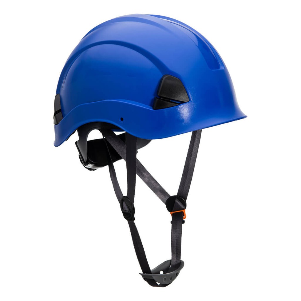 A blue safety helmet with an adjustable suspension harness and ventilation slots, providing impact protection on construction sites.