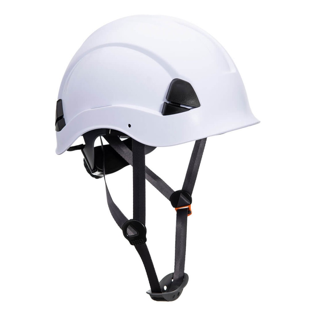 A white safety helmet with an adjustable suspension harness and ventilation slots, providing impact protection on construction sites.