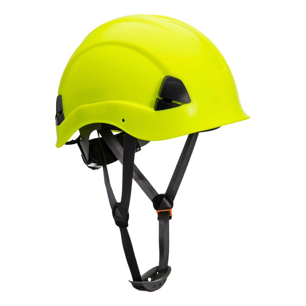 A yellow safety helmet with an adjustable suspension harness and ventilation slots, providing impact protection on construction sites.