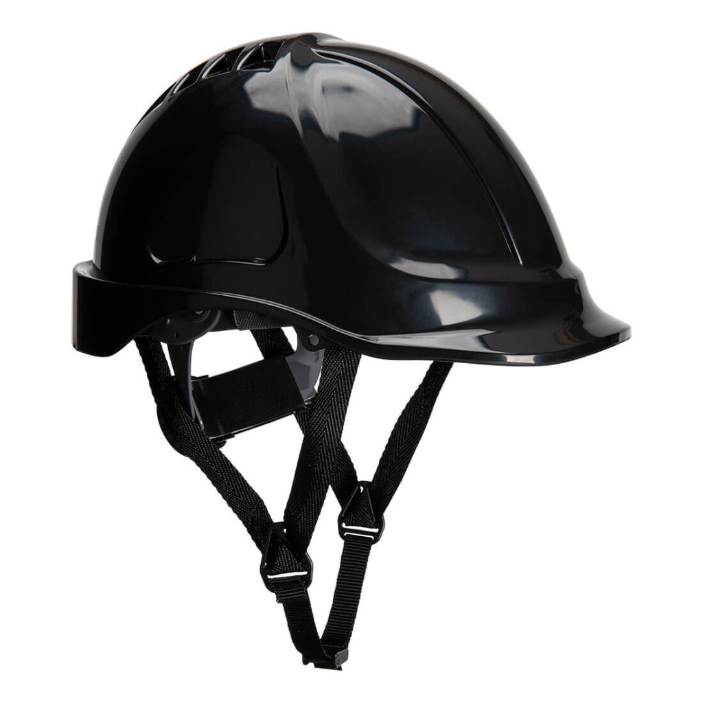 A black safety helmet with an adjustable suspension harness and ventilation slots, providing impact protection on construction sites.