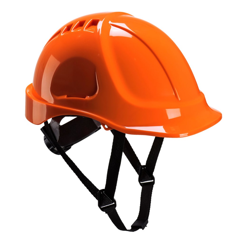 A orange safety helmet with an adjustable suspension harness and ventilation slots, providing impact protection on construction sites.