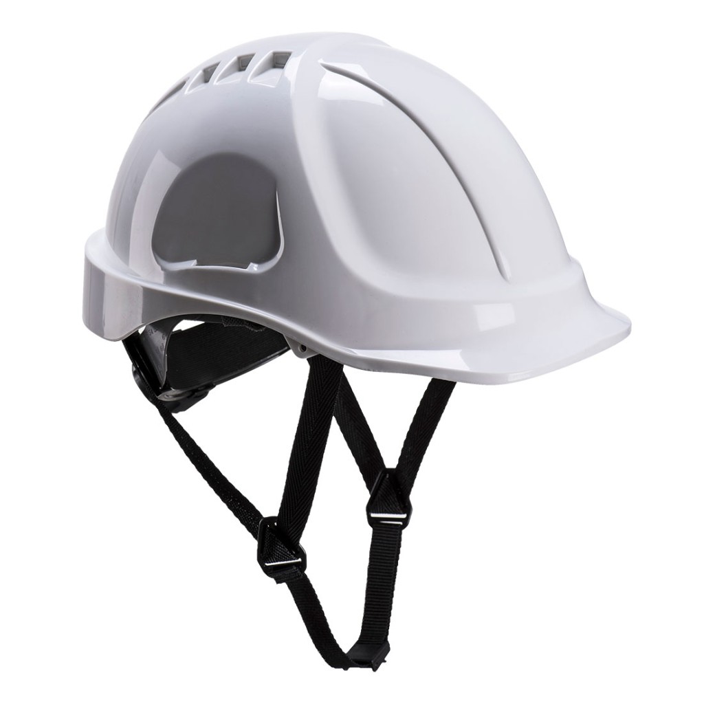 A white safety helmet with an adjustable suspension harness and ventilation slots, providing impact protection on construction sites.