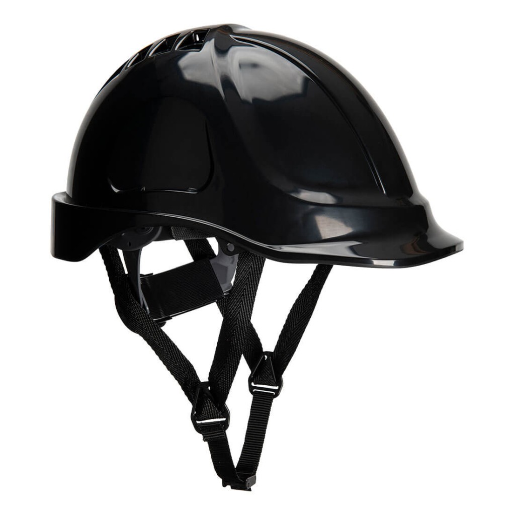 A black safety helmet with an adjustable suspension harness and ventilation slots, providing impact protection on construction sites.