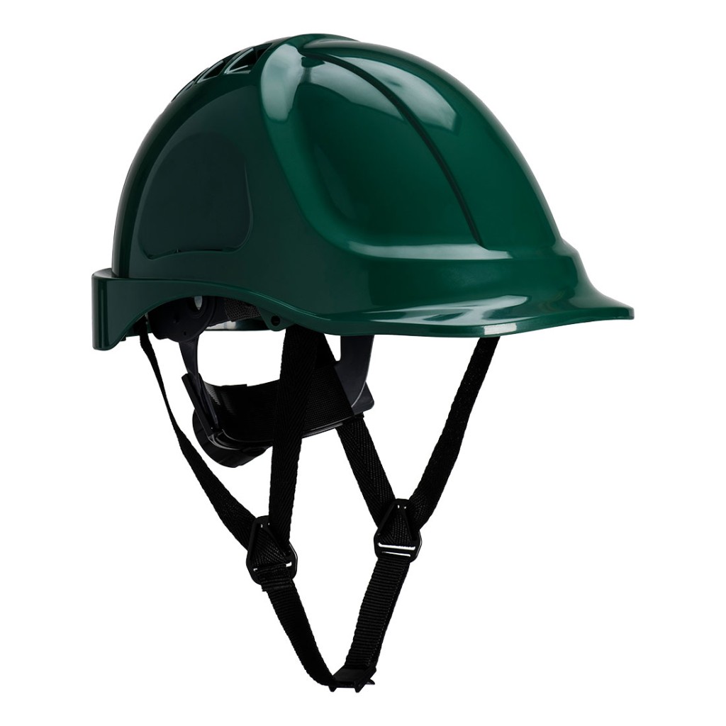 A green safety helmet with an adjustable suspension harness and ventilation slots, providing impact protection on construction sites.