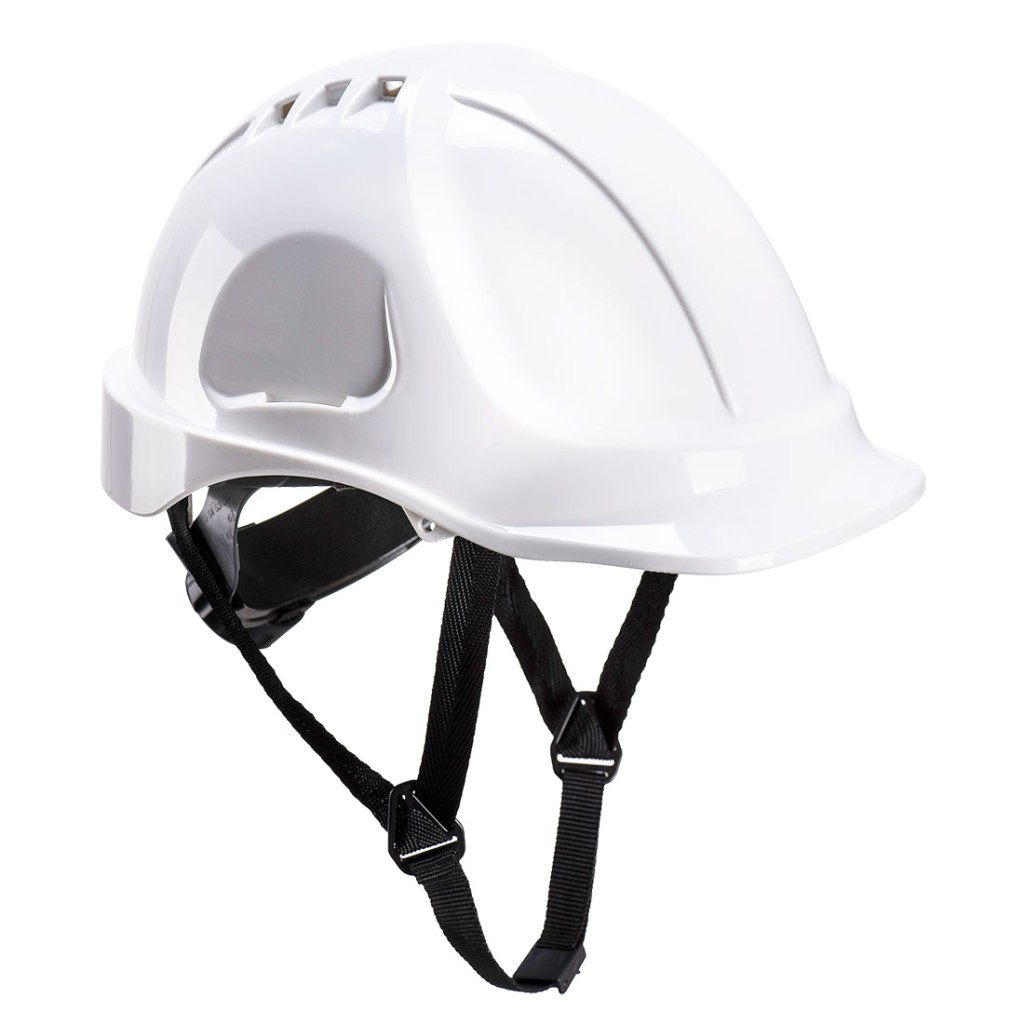 A white safety helmet with an adjustable suspension harness and ventilation slots, providing impact protection on construction sites.