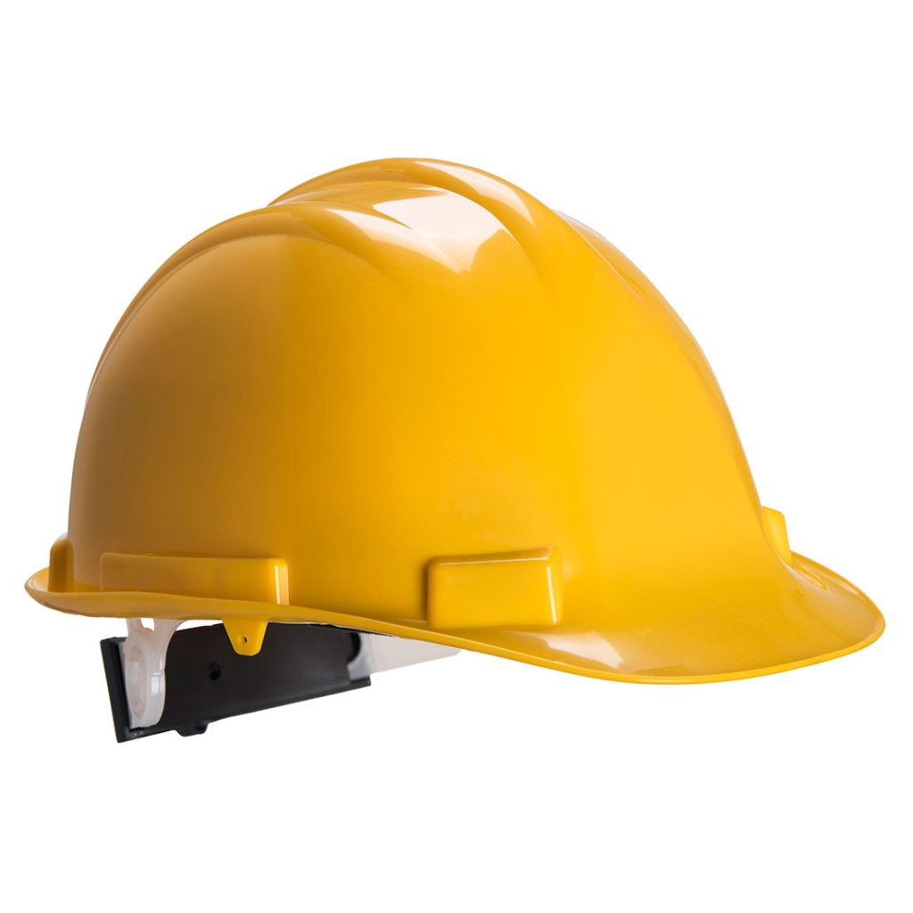 A yellow safety helmet with an adjustable suspension harness and ventilation slots, providing impact protection on construction sites.