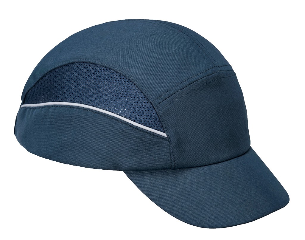 A navy blue bump cap with a lightweight internal protective shell, designed to protect against minor head bumps and scrapes.