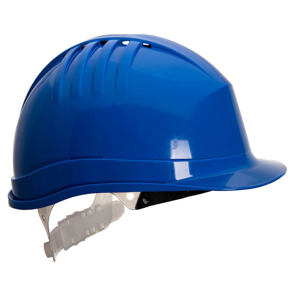 A blue safety helmet with an adjustable suspension harness and ventilation slots, providing impact protection on construction sites.