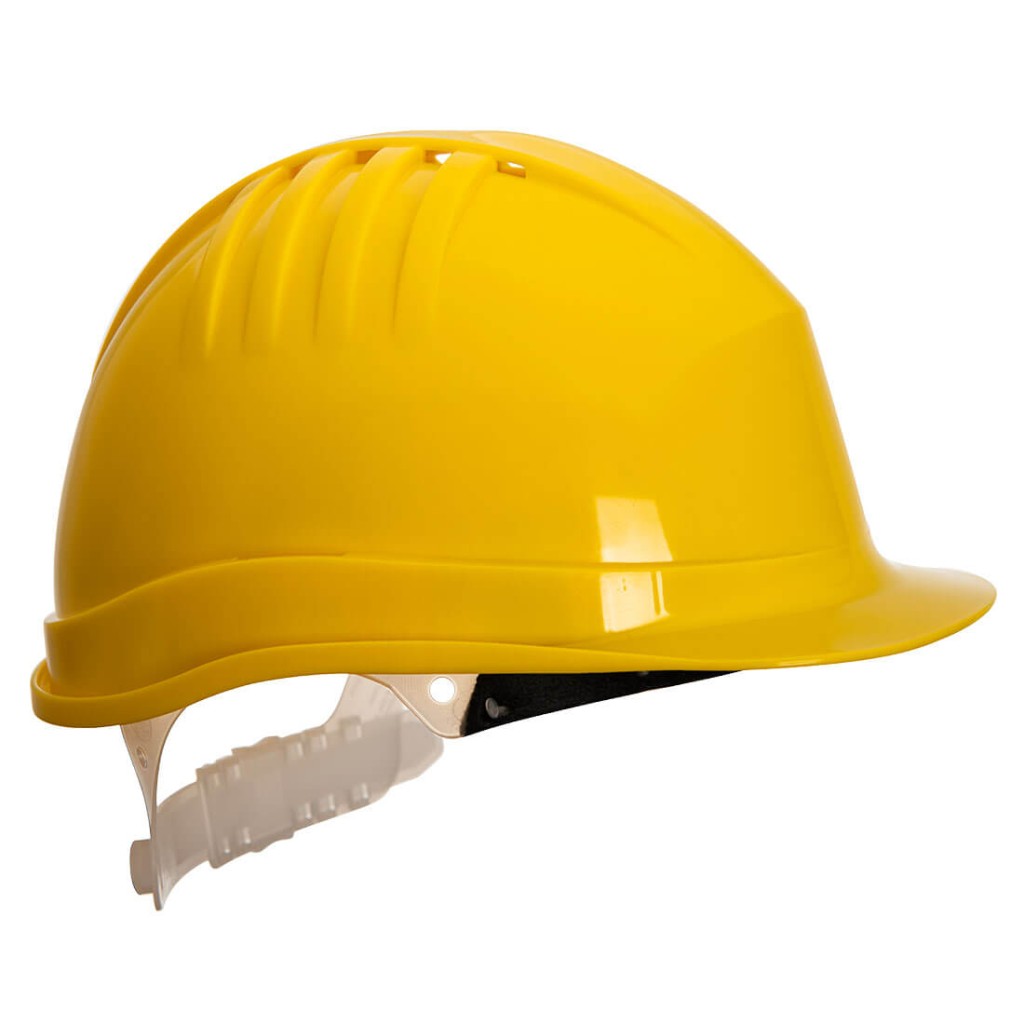 A yellow safety helmet with an adjustable suspension harness and ventilation slots, providing impact protection on construction sites.