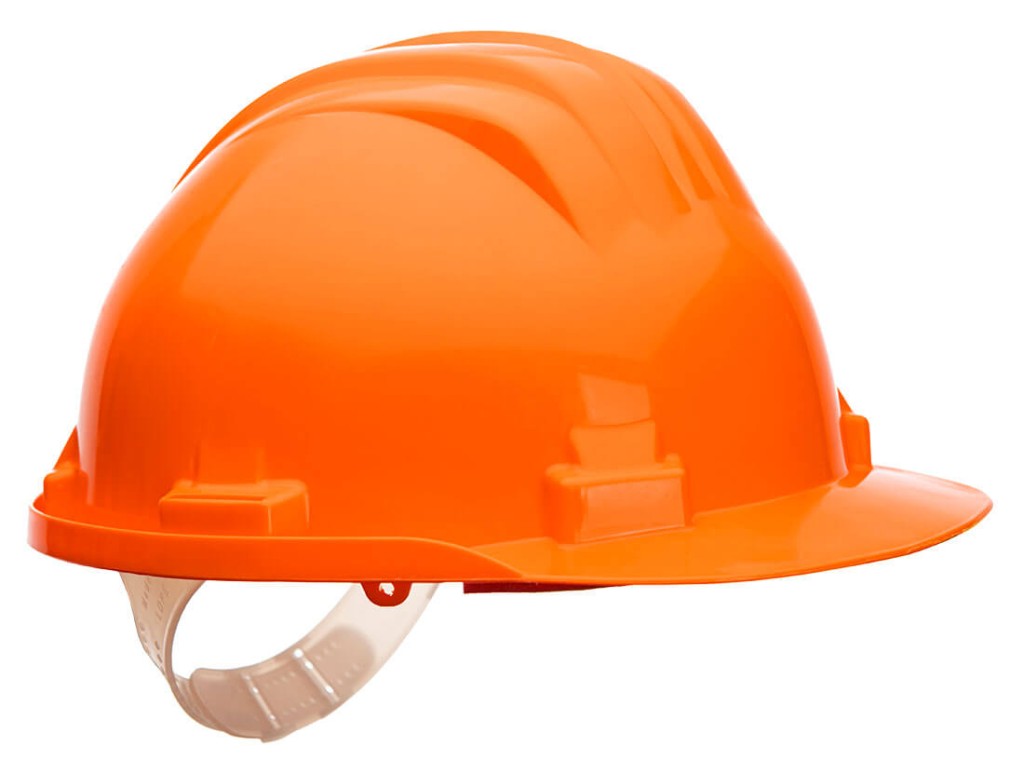 A orange safety helmet with an adjustable suspension harness and ventilation slots, providing impact protection on construction sites.