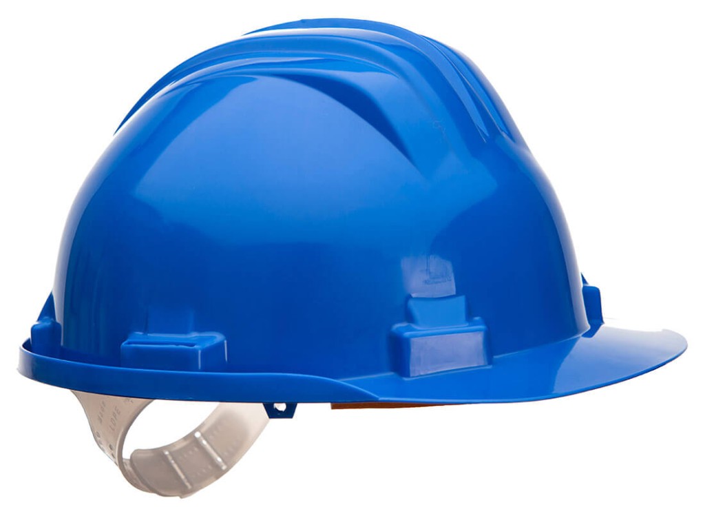 A blue safety helmet with an adjustable suspension harness and ventilation slots, providing impact protection on construction sites.