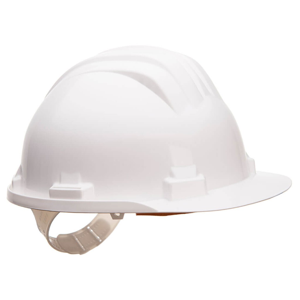 A white safety helmet with an adjustable suspension harness and ventilation slots, providing impact protection on construction sites.