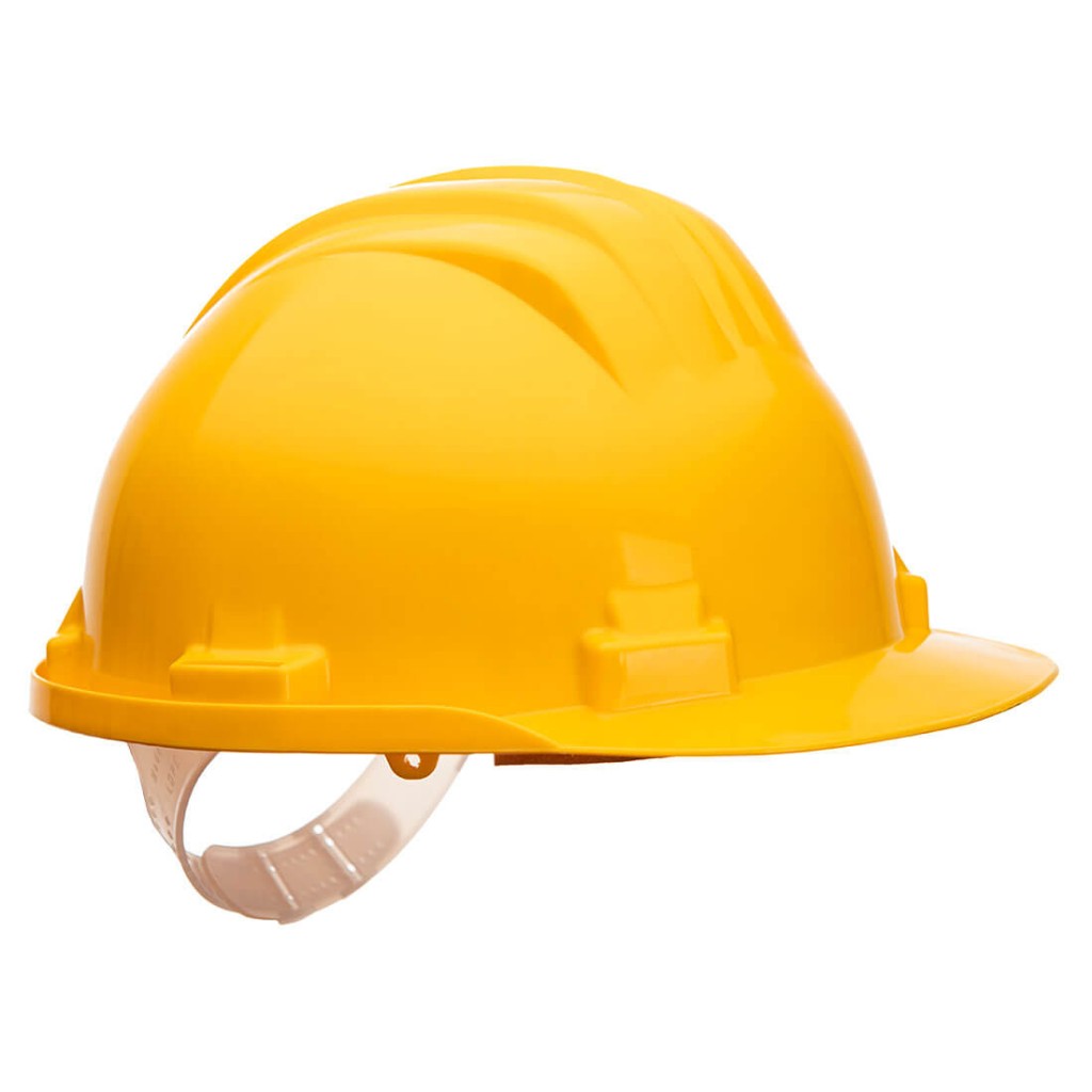 A yellow safety helmet with an adjustable suspension harness and ventilation slots, providing impact protection on construction sites.