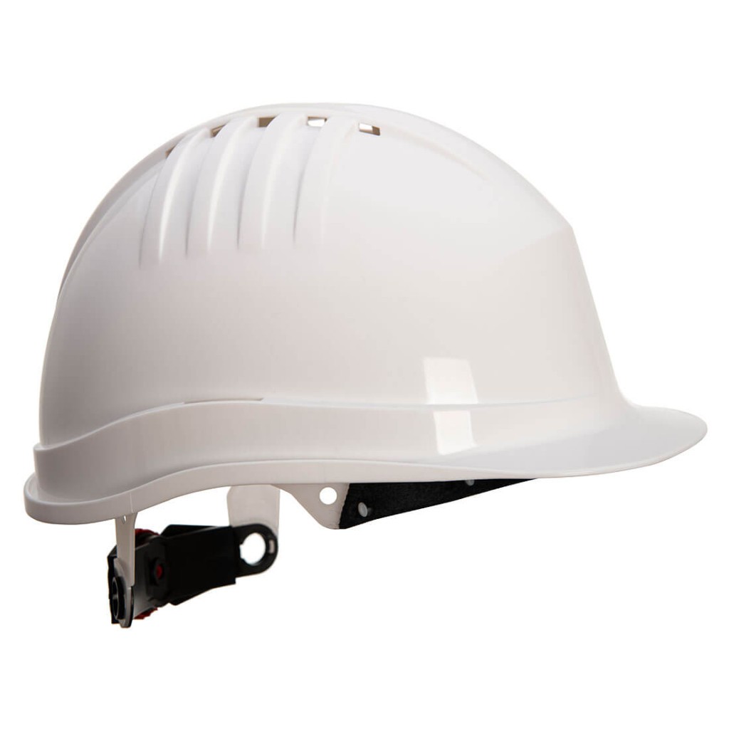 A white safety helmet with an adjustable suspension harness and ventilation slots, providing impact protection on construction sites.