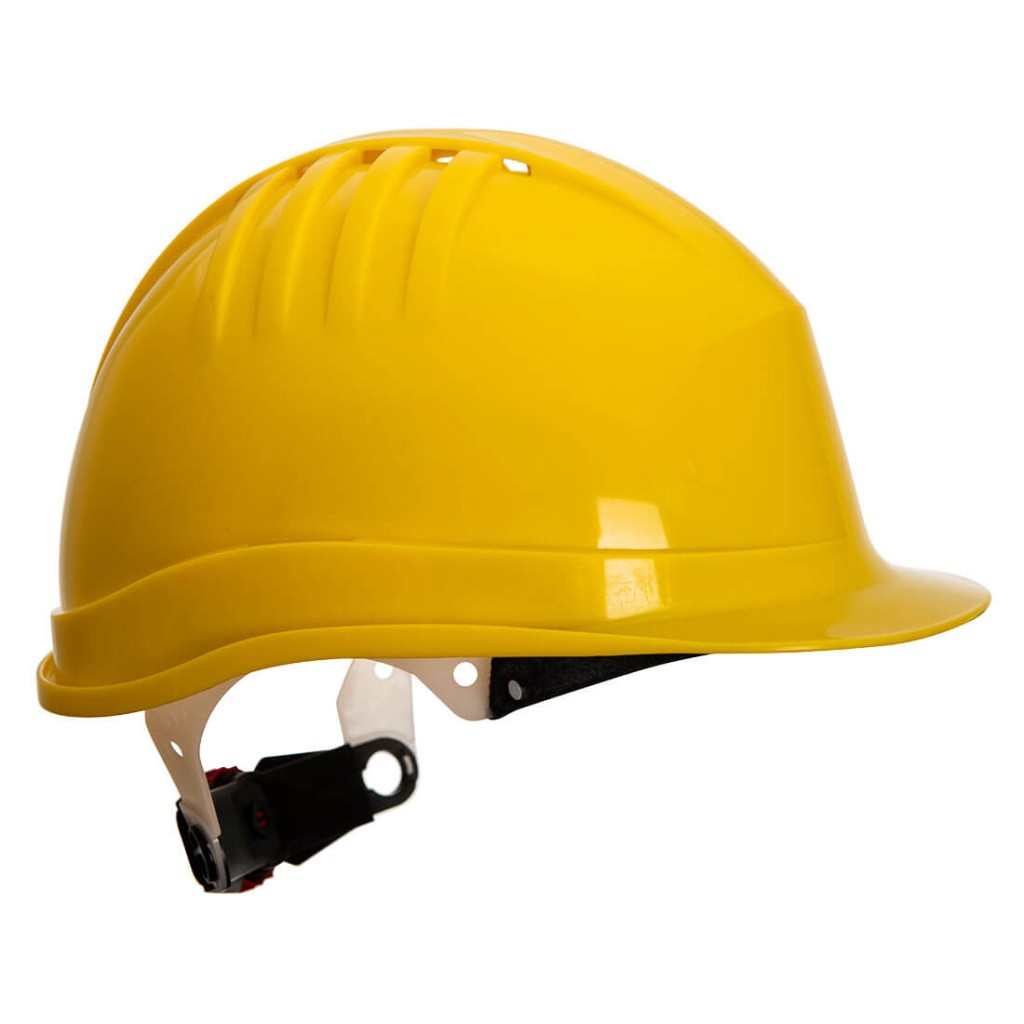 A yellow safety helmet with an adjustable suspension harness and ventilation slots, providing impact protection on construction sites.