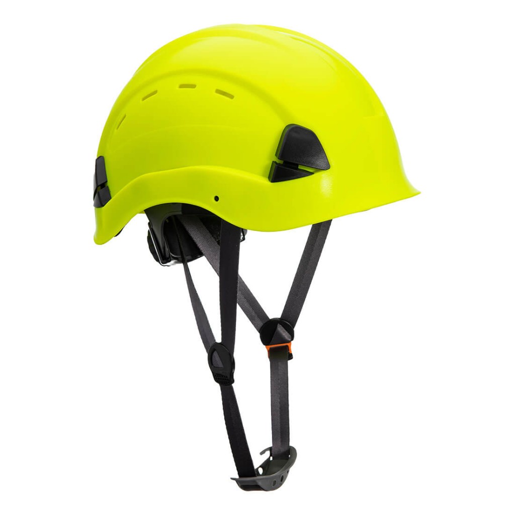 A yellow safety helmet with an adjustable suspension harness and ventilation slots, providing impact protection on construction sites.