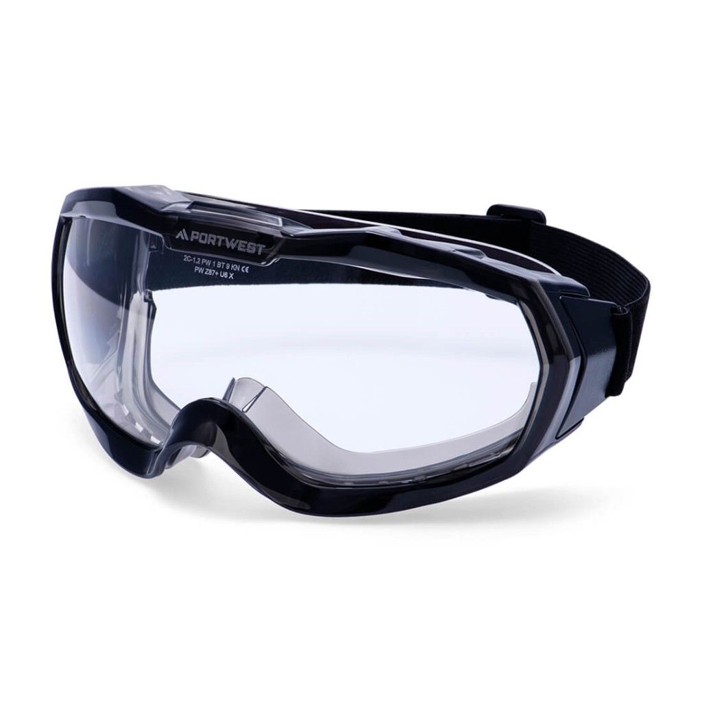 A pair of safety goggles with clear anti-fog lenses and a ventilated PVC frame, offering eye protection against dust and splashes.