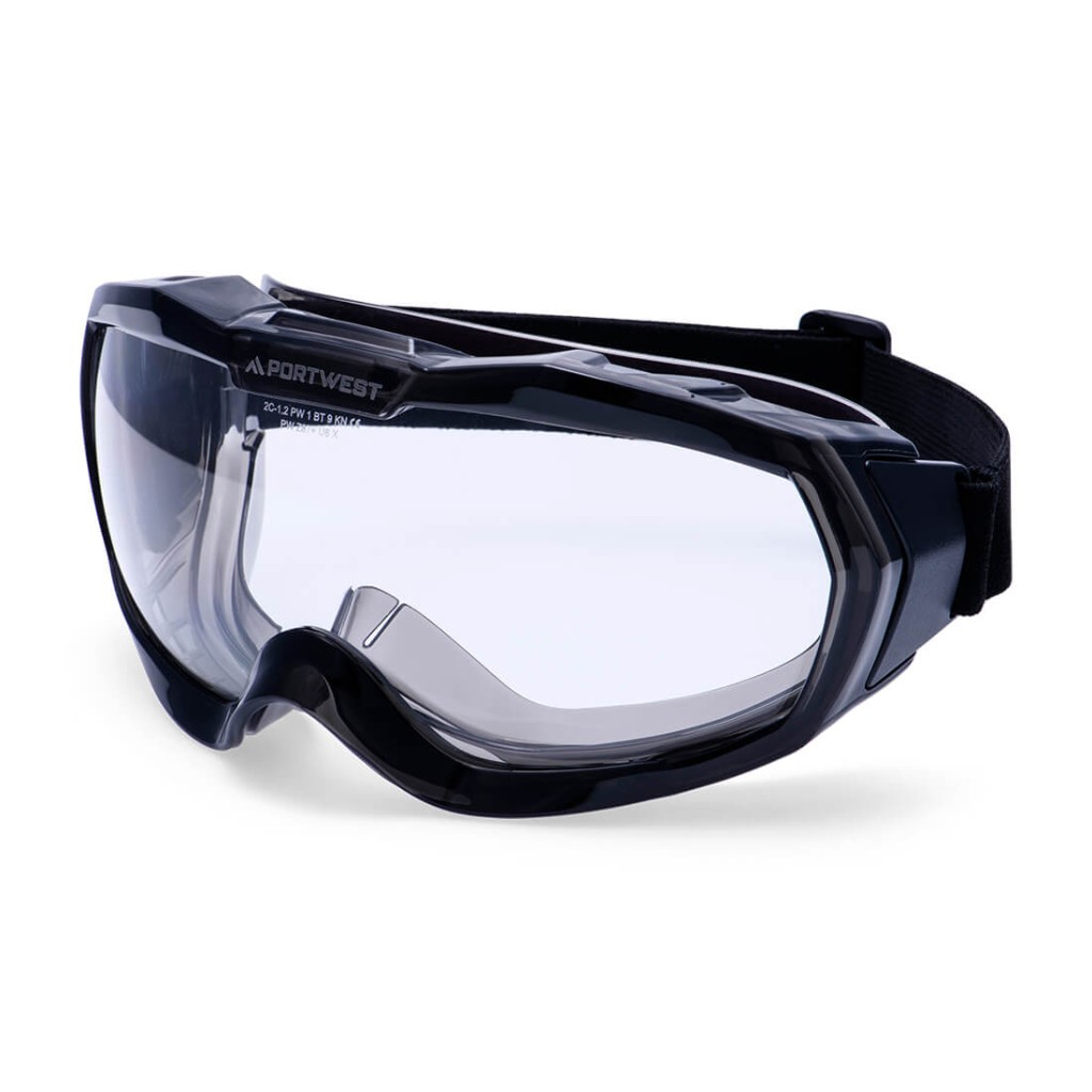 A pair of safety goggles with clear anti-fog lenses and a ventilated PVC frame, offering eye protection against dust and splashes.