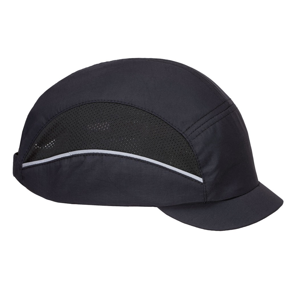 A black bump cap with a lightweight internal protective shell, designed to protect against minor head bumps and scrapes.